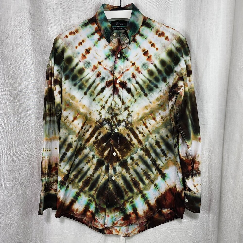 Green Dreams: Vintage Tie-Dye Transformation Dress Shirt - Men's Size 15